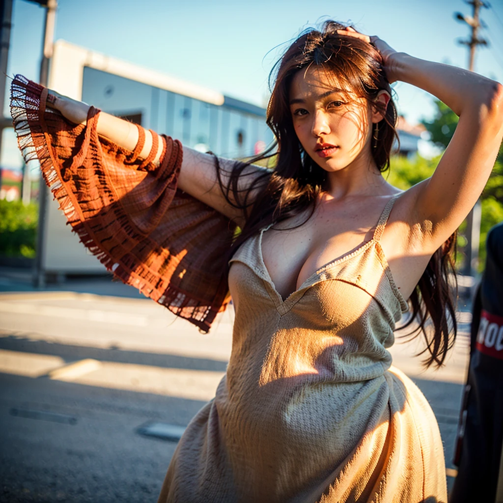 full body shot, Best quality, a 20y (chubby:1.3) kazak women, wearing (bohemian woolen dress:1.2), big breast, (sexy:1.2) (redhead:1.2) hair blowing in the wind, moody atmosphere, sunlight exposure, beautiful shadow, dramatic posing in the tokyo city, perfect object, perfect anatomy, kodacrhome, cinematic, natural, perfect direct of photography, realistic face and eyes, realistic skin, ultra highly detailed, sharp focus, beautiful film bokeh, surreal view, (candid style:1.2), shot by zenit camera with 35mm lens, Portrait by annie leibovitz