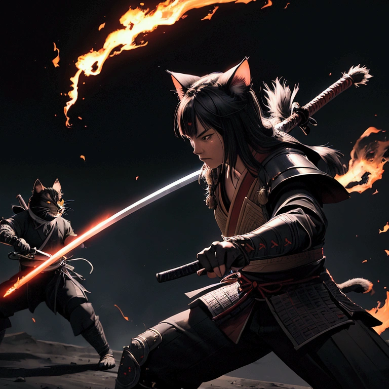 1cat, as a samurai warrior, in stance of fighting, swinging the sword, epic scene, dramatic motion, dynamic movement, cinematic art pic, fire trail along the sword, dimmed light, dark background, dark moon. UHD, 8k best quality wallpaper, surrealism