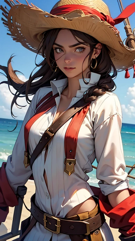 Masterpiece, best quality, (8k very detailed CG unit wallpaper) (best quality), (best illustration), (best shading) a golden sea wave, bright orange aol sunset through the wave, golden water drops flying, (:1. 6), fantasy medieval pirate, saber in hand, turban, pirate hat, cocked hat, on a boat, sails, sea and sky background, the only characters, correct female anatomy, art by Greg Rutkowski, digital art by artgerm, detailed art, masterpiece, digital painting, correct anatomy Translated with www.DeepL.com/Translator (free version)