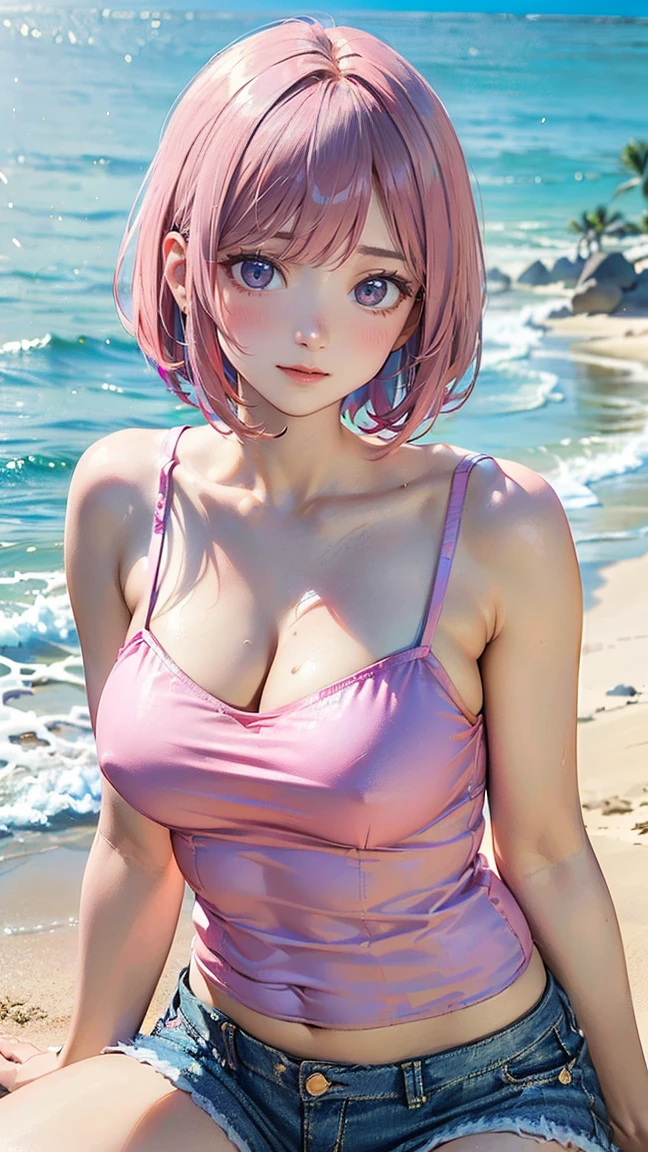 ((Highest quality, 8k, masterpiece :1.3)), (Sharp focus :1.2, Beautiful woman with perfect figure :1.4, Slim Abs), ((Big Breasts, Emphasize cleavage:1.2)), (Photorealistic:1.4), (realistic:1.4), (Pink Hair:1.5), Highly detailed face and skin texture, Fine grain, double eyelid. Makeup face, A little bit of lipstick, sex appeal, Sexy gravure pose, ((She wore a pink camisole and denim shorts.、A high school girl with a bob cut、Posing sexy while sitting on the sand at the beach。The blue sea spreads in the background。:1.3)