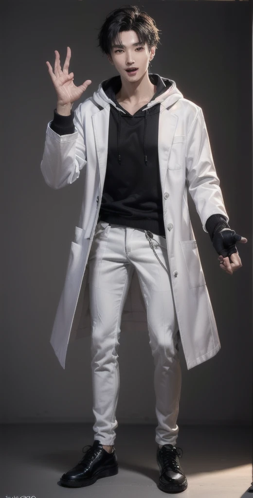(OK Sign.:1.7),(photorealistic:1.2), (high detail face:1.3), (high detail hands:1.3), (anatomically correct hands:1.2), handsome young asian man, Japanese idol style, short clean-cut hair, ((center part)), (crisp white lab coat:1.3), ((black hoodie underneath:1.2)), (black pants:1.2), (black shoes:1.2), (enthusiastic expression:1.3), ((explain pose:1.4)), (both arms raised:1.3), (clenched fists:1.3), (energetic stance:1.2), plain white background, mid-shot portrait, full body view, high quality, detailed, 8K, (realistic skin texture:1.2), (sharp focus:1.1), (contrast between white coat and black clothing:1.2)