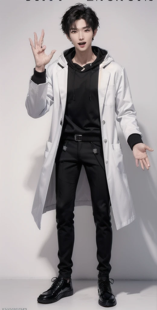 (OK Sign.:1.7),(photorealistic:1.2), (high detail face:1.3), (high detail hands:1.3), (anatomically correct hands:1.2), handsome young asian man, Japanese idol style, short clean-cut hair, ((center part)), (crisp white lab coat:1.3), ((black hoodie underneath:1.2)), (black pants:1.2), (black shoes:1.2), (enthusiastic expression:1.3), ((explain pose:1.4)), (both arms raised:1.3), (clenched fists:1.3), (energetic stance:1.2), plain white background, mid-shot portrait, full body view, high quality, detailed, 8K, (realistic skin texture:1.2), (sharp focus:1.1), (contrast between white coat and black clothing:1.2)