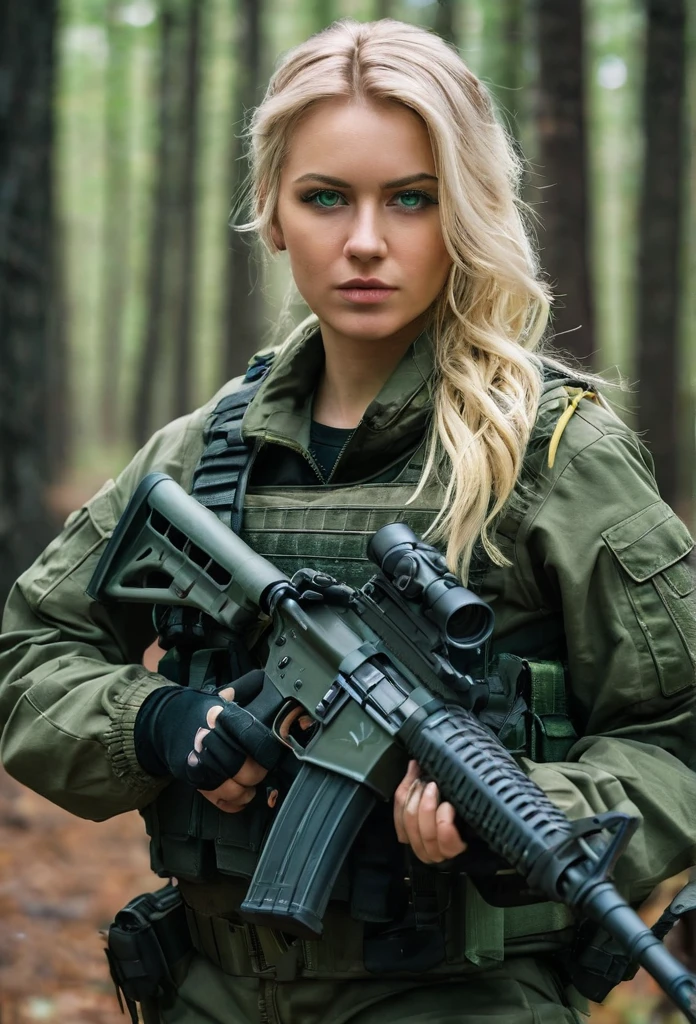 A young woman with blonde  hair and green eyes, dressed in military attire, posing for a photo shoot holding a rifle outdoors, uma reminiscência de Call of Duty e Escape from Tarkov&#39;s Private Military Company (PMC),  on the right arm, there is volumetric lighting, soft glow, Depth of field, highly detailed photograph, low-contrast, pastel colours, como Kodak Portra 400, in 8k resolution, gazing at viewer, perfect hands, war zone background