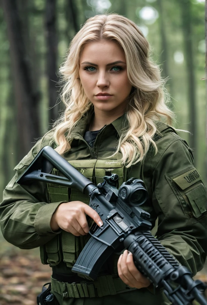 A young woman with blonde  hair and green eyes, dressed in military attire, posing for a photo shoot holding a rifle outdoors, uma reminiscência de Call of Duty e Escape from Tarkov&#39;s Private Military Company (PMC),  on the right arm, there is volumetric lighting, soft glow, Depth of field, highly detailed photograph, low-contrast, pastel colours, como Kodak Portra 400, in 8k resolution, gazing at viewer, perfect hands, war zone background
