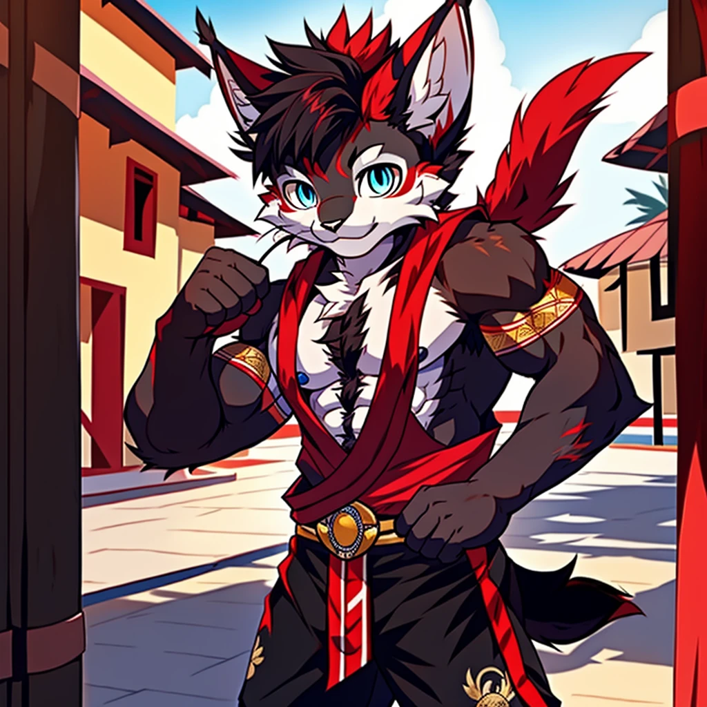 Best quality, Young, 15 year old, Furry, Solo, Male black lynx cat: 1.5, (black fur), (black fur), black fur, blue eyes, red chest hair, black long hair, black mane, red hair, red armpit hair, red whiskers, Humanoid hands, Muscular body, Abs, Wearing Red Muay Thai Style Clothes, Topless, Standing in the street of Thailand, Red Mohawk hair, Detailed black fur, Detailed cloths, Thailand.