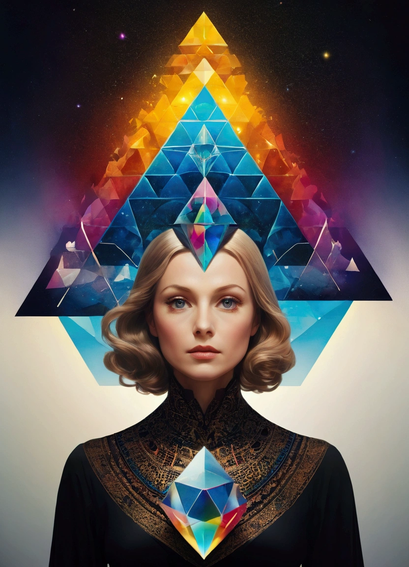 (style of Anato Finnstark:1.3),A mysterious woman, Beautiful and expressive, Light shining on a rainbow colored pyramid prism,Double exposure effect:1.3,Amazing depth,Geometric patterns,Bokeh,Perfect balance,Deep and thin border, (masterpiece), (best quality), (Super Detail), Abstract Surrealism