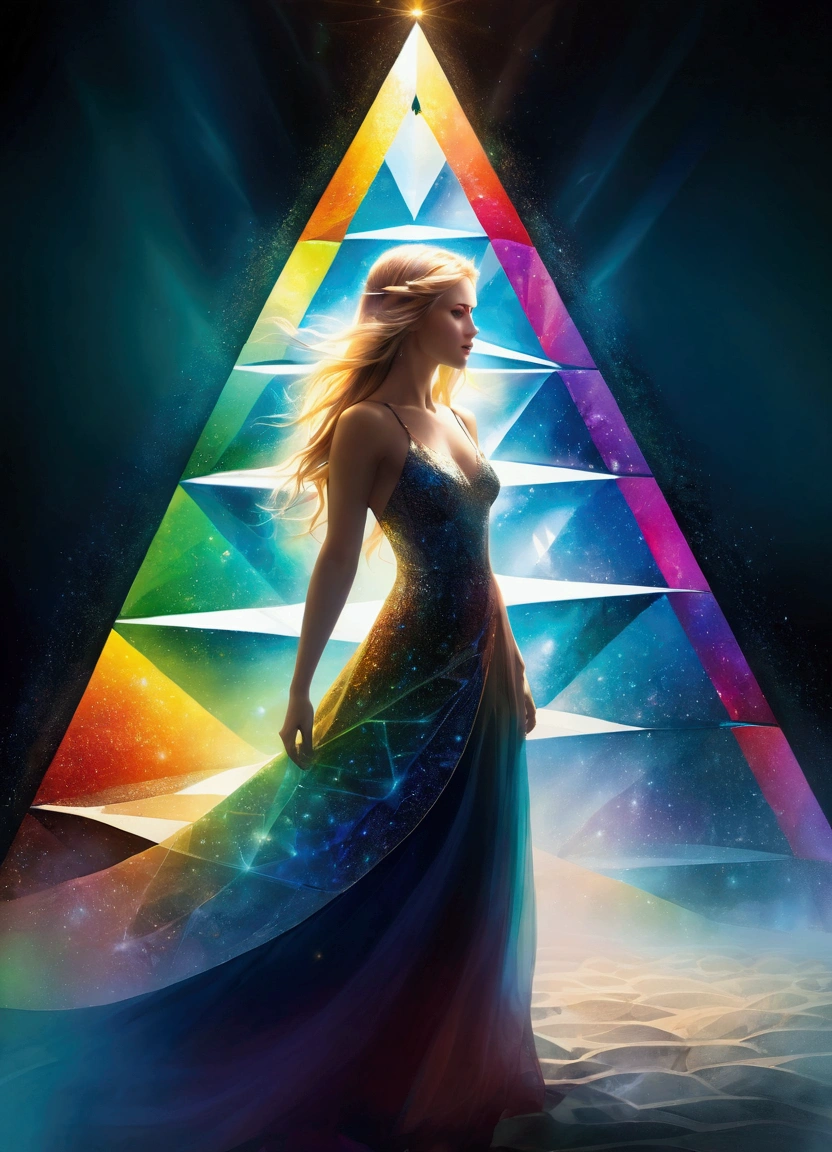 (style of Anato Finnstark:1.3)，A mysterious woman, Beautiful and expressive, Light shining on a rainbow colored pyramid prism，Double exposure effect:1.3，Amazing depth，Geometric patterns，Bokeh，Perfect balance，Deep and thin border， (masterpiece), (best quality), (Super Detail), Abstract Surrealism