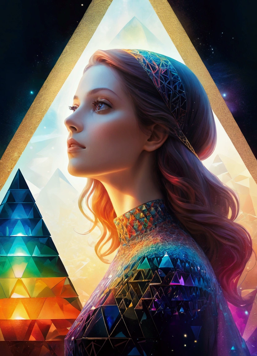 (style of Anato Finnstark:1.3),A mysterious woman, Beautiful and expressive, Light shining on a rainbow colored pyramid prism,Double exposure effect:1.3,Amazing depth,Geometric patterns,Bokeh,Perfect balance,Deep and thin border, (masterpiece), (best quality), (Super Detail), Abstract Surrealism