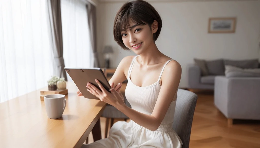 masterpiece, realistic, photorealistic, best quality, beautiful detailed, natural lighting, sharp focus, depth of field, slim body, abs:1.2, cleavage, best quality real texture skin, Detailed beautiful delicate face and eyes, beautiful Japanese young woman, eyes open, looking at viewer, best quality real texture skin, Detailed beautiful delicate face and eyes, double eyelid, smile:1.2, white teeth:1.2, very short straight brown hair,
