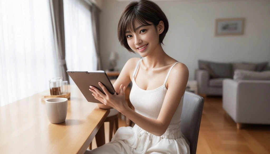 masterpiece, realistic, photorealistic, best quality, beautiful detailed, natural lighting, sharp focus, depth of field, slim body, abs:1.2, cleavage, best quality real texture skin, Detailed beautiful delicate face and eyes, beautiful Japanese young woman, eyes open, looking at viewer, best quality real texture skin, Detailed beautiful delicate face and eyes, double eyelid, smile:1.2, white teeth:1.2, very short straight brown hair,