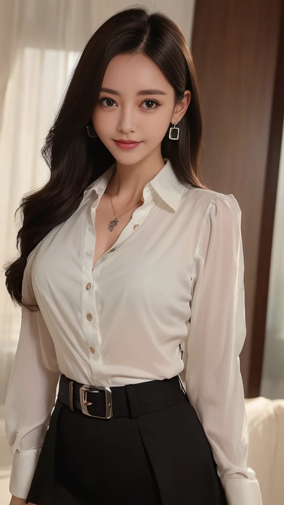 (top quality、highest resolution、masterpiece:1.3)、tall and cute girl、slim abs、Dark brown hair styled across the chest in loose waves.、wearing a pendant、White see-through shirt、belt、black skirt、(modern architecture on background)、Delicately expressed details, including face and skin texture、eye for detail、double eyelid、smile、smile、