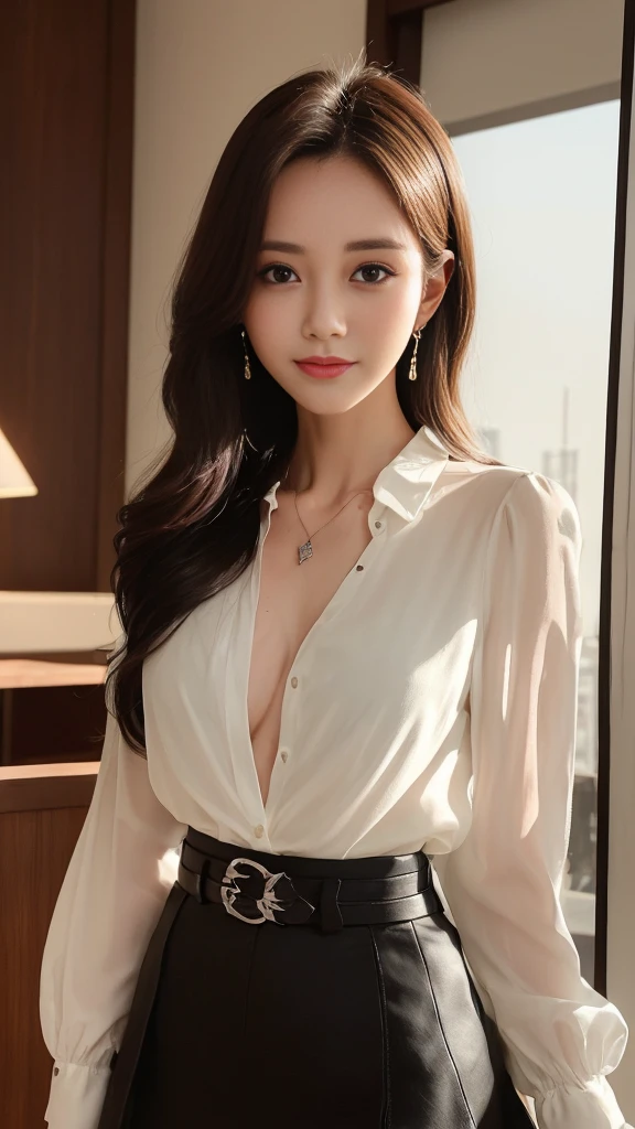 (top quality、highest resolution、masterpiece:1.3)、tall and cute girl、slim abs、Dark brown hair styled across the chest in loose waves.、wearing a pendant、White see-through shirt、belt、black skirt、(modern architecture on background)、Delicately expressed details, including face and skin texture、eye for detail、double eyelid、smile、smile、