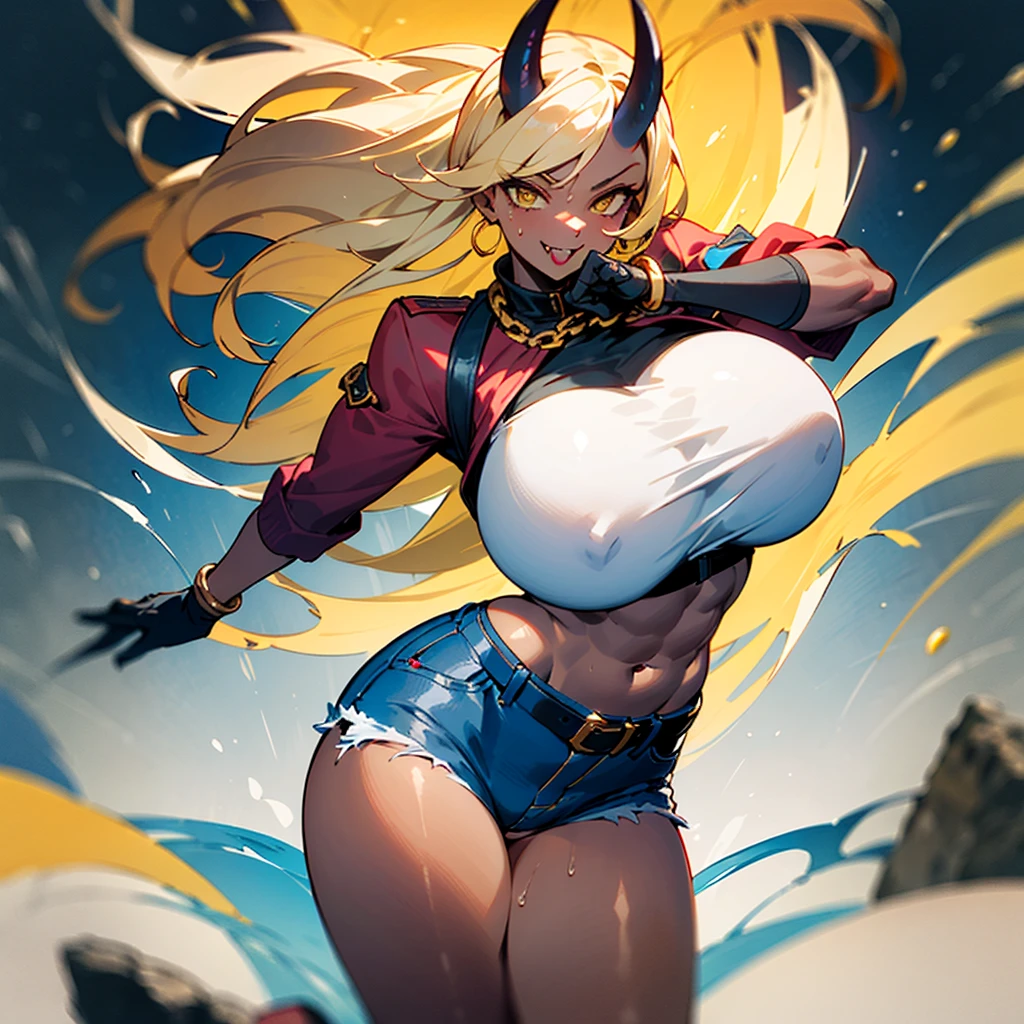((best quality)), ((masterpiece)), (detailed), 1girl, one girl, 8k_wallpaper, extremely detailed eyes, extremely detailed body, beautiful face, perfect face, detailed ((blonde hair)), (gold eyes), (( big blue horns)), {{dark skin}}, ({dark skinned female}), gigantic breasts, thick thighs, strong arm and leg muscles, strong abdominal muscles, Korean girl, a predatory mischievous smile with fangs, a vulgar smile, a playful look, style - a hot rock girl, a dark red open jacket with rolled up sleeves, a belt of yellow silk and gold chains, gold bracelets and leather short gloves, short denim mini shorts through which the outlines of a wet woman appear pussy, a rock guitar hanging behind his back, walking down the street of the evening city,
