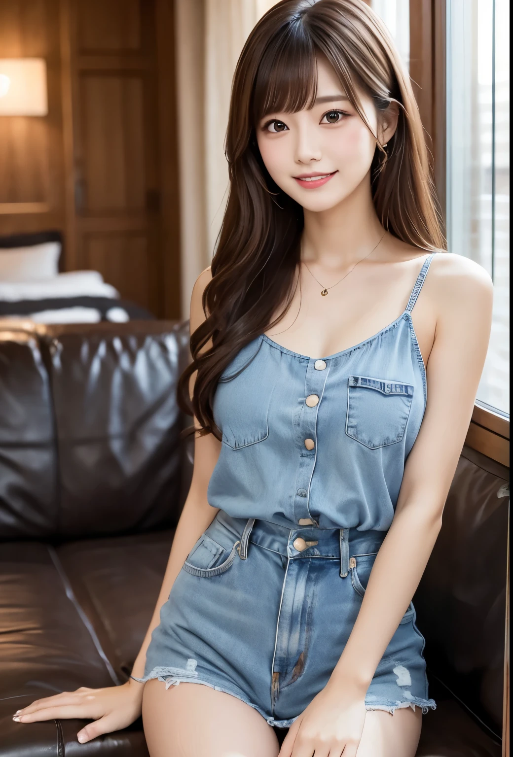 ((1 female: 1.5)), (Anatomically correct proportions), (Sexy proportions), ((Sexy Poses)), Detailed face, detailed hairs, Detailed skin, ((a small face : 1.2)), thin waist, (Big breasts), ((short torso)), ((single screen)), 8K, RAW shot, Highest Quality, ((masutepiece)), realistic photo shot, above the knee shot, (Beautiful face like an actress in Japan), 15-year-old beauty, (Futuristic amusement park on a hot summer day: 1.5), Sweaty standing beauty, Body shining with sweat : 1.5, (Thin tank top with thin fabric: 1.5), Sweat-stained tank top: 1.5, (Body Fit Tank Top), (No bra: 1.5), (cleavage), (( Nipple shadow: 1.5)), (Tank tops in bright colors), (Denim shorts are wet: 1.5), (Sweat on the forehead), (Wet bangs: 1.8), Twin-tailed, Cheerful smile