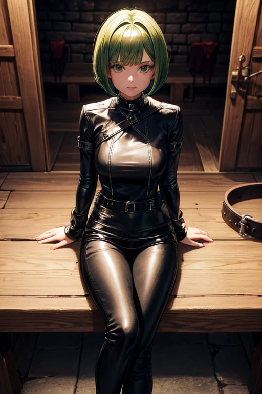 Cute girl, green bob haircut, black leather tunic, black leather pants, sitting at table, handcuffed, underground medieval prison cell
