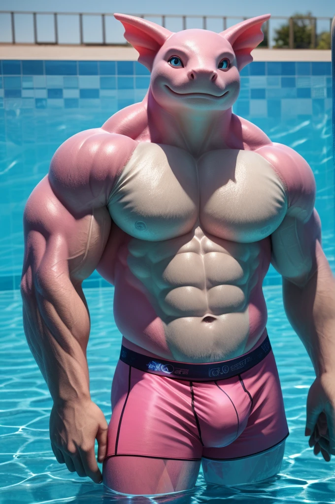 (full body shot), (realistic style), (furry), (humanoid), inflatable pool toy version, male axolotl, white axolotl body, pink gills, perfect muscular body, and biggest muscles, biggest pecs, and biggest thighs, wearing pink boxer briefs, no shirt, deep glass pool leaning against the glass wall of the pool, glass pool view