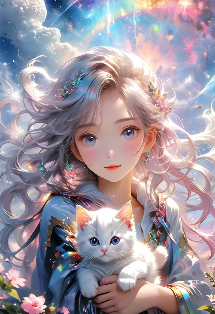(8K、RAW photos、best quality、look up:1.2、masterpiece:1.2、realistic、Ultra-high resolution、High contrast、Light子映射、real、Very detailed、Official Art, RAW photos、professional Lighting、 Light、Vivid atmosphere、twiceLight), (1 girl), (Full body view), (Portrait of a girl), (Youthful look),(Wet eyes), (Pretty Face:1.3), (Perfect proportion:1,2), (Thin legs), (Thin thighs), (Long legs:1.2), (Beautifully), (high: 150cm), (15 years old) , (White skin、White skin: 1.5), (Lightブラウンのポニーテール), (Pink headband), (A white kitten), and創造の主は、He calls upon the gentlest creature, That girl, "go out、Doing whatever you can, Ring the world's majestic gong., and、Girl obeys orders、Escape Hideout、I head to my favorite seed feeder.。Sneaking up to the nearest fruit bush、I ate a bunch of seeds.。One of the seeds、It shook slightly,It fell on the pebbles..、It let out a roar that seemed to come from another world..。 A kitten follows a girl。Composition of a scene viewed from a distance, beauty、and谐、peaceful、and平、Space high fantasy world view, Beautiful depiction of grand composition and proportions, Guardian nebula of rainbow light and silvery vapor, Corrosion surround ray family color, Sticky air feeling, The world shines with kindness and joy., Great story, beauty、、peaceful、and平、Space high fantasy world view, Beautiful depiction of grand composition and proportions, Guardian nebula of rainbow light and silvery vapor, Corrosion surround ray family color, Sticky air feeling, The world shines with kindness and joy., Great story,