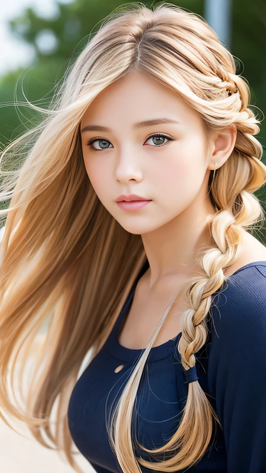 Sexy Big 、Sexy cute looks and cute beautiful girl, beautiful and sexy face、A strong wind blows my hair in front of my face、beautiful long blonde French braided hair、beautiful, Cute and sexy eyes hidden behind long bangs