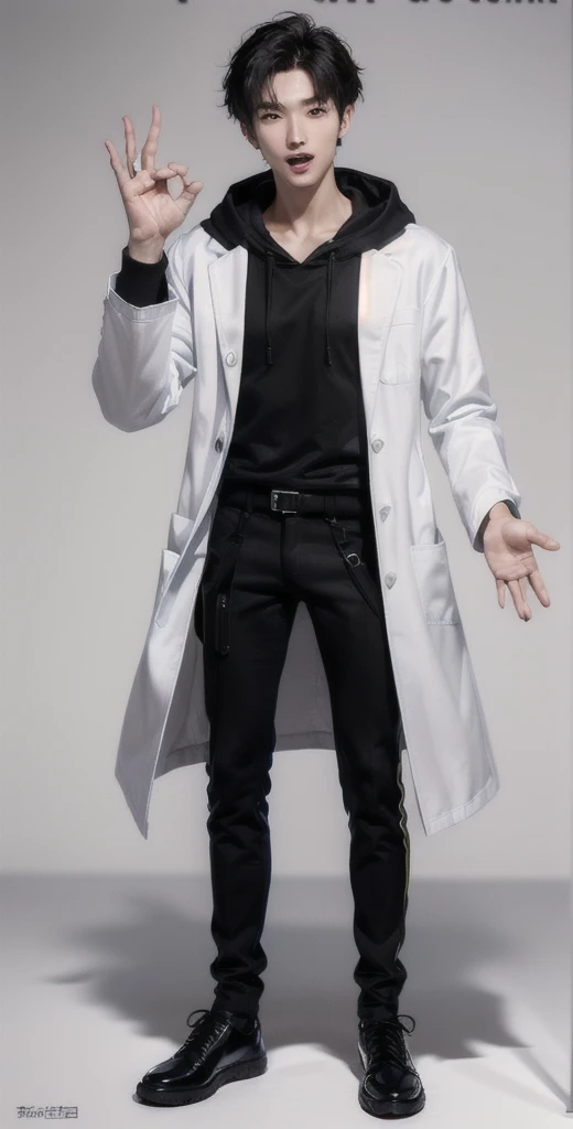 (OK Sign.:1.7),(photorealistic:1.2), (high detail face:1.3), (high detail hands:1.3), (anatomically correct hands:1.2), handsome young asian man, Japanese idol style, short clean-cut hair, ((center part)), (crisp white lab coat:1.3), ((black hoodie underneath:1.2)), (black pants:1.2), (black shoes:1.2), (enthusiastic expression:1.3), ((explain pose:1.4)), (both arms raised:1.3), (clenched fists:1.3), (energetic stance:1.2), plain white background, mid-shot portrait, full body view, high quality, detailed, 8K, (realistic skin texture:1.2), (sharp focus:1.1), (contrast between white coat and black clothing:1.2)