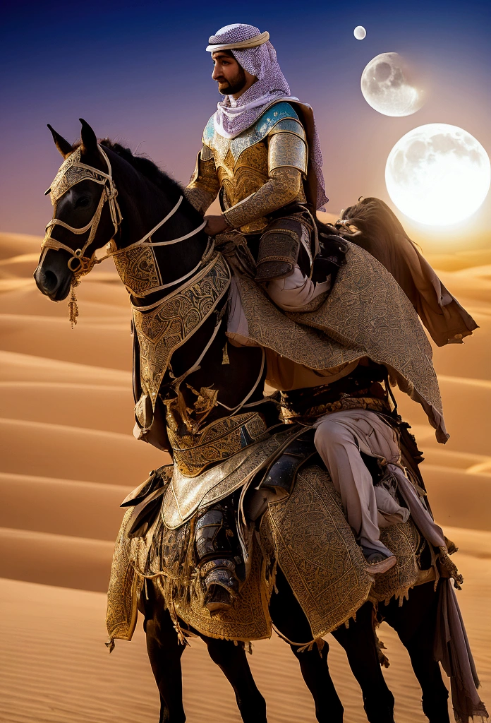 A person in traditional Arabian armor and clothing rides a decorated horse in a desert landscape during sunset. The person's face is replaced by an image of the moon. Arabic text is overlaid at the bottom of the image.