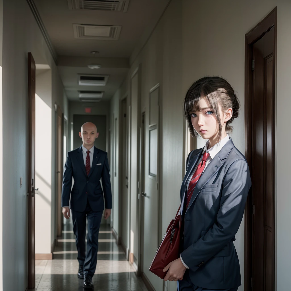 Anime girl walking down hallway in gray uniform and red tie with blue eyes,short neck-length hair of dark blue color with brown roots covering the right eye with the hair,with bald cheek mark and blue shine