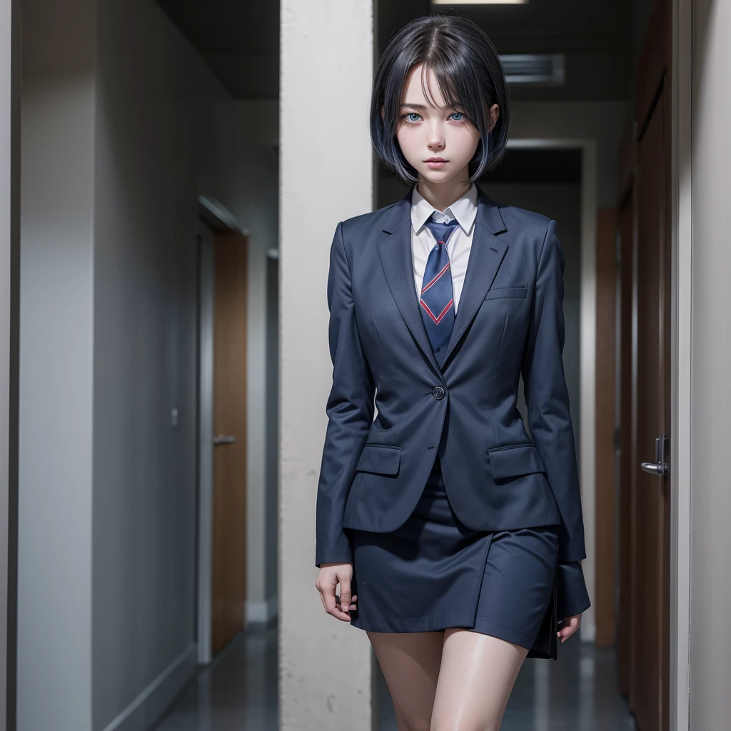 Anime girl walking down hallway in gray uniform and red tie with blue eyes,short neck-length hair of dark blue color with brown roots covering the right eye with the hair,with bald cheek mark and blue shine