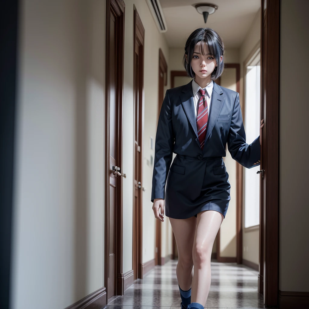 Anime girl walking down hallway in gray uniform and red tie with blue eyes,short neck-length hair of dark blue color with brown roots covering the right eye with the hair,with bald cheek mark and blue shine 