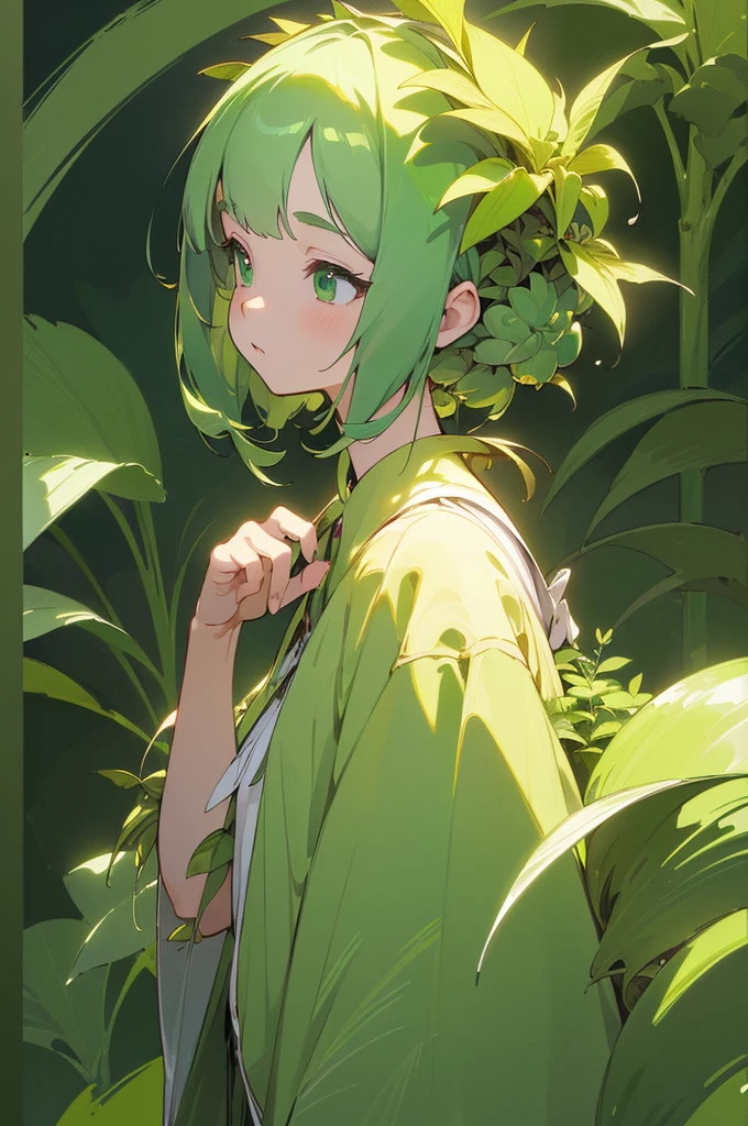 (Plant Girl, Plant Girl theme:1.4), nature, nature theme, ghibli art, (best composition), ultra-wide-angle, octane render, enhance, intricate, (best quality, masterpiece, Representative work, official art, Professional, unity 8k wallpaper:1.3), young woman, green eyes, green hair
