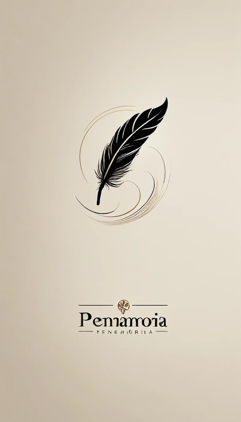 A minimal, high quality, modern, simple, cinematic symbol design for the brand “Penamemoria". The logotype must be a simple, magical feather and a boy playing acoustic guitar. The logo must convey a sense of music, stories and dreams. Logo design impressed on a book cover. Minimalistic logo