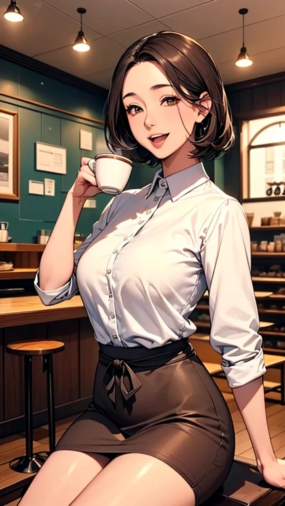 (Masterpiece:1.21),(FHD),(16K),(Top Quality:1.24),(Super Resolution),(Superb Illustration),(Best Shadow),(High Quality),(Super Detail:1.15),(Super Detail), Superb Detail, Elaborate,1 Woman, Japanese Woman,(Housewife:1.5),(40 Years Old:1.68),(Attractive Mature Woman:1.66),(Middle Age:1.78),(Small Round Face:1,69),(small breasts:1.5),((graduated haircut)),Casual, simple blouse,V-neckline,knee-length skirt, blouse in bright colors,pastel shades,(((old cafe interior,coffee shop,in room))),(laugh:1.21),,(love:1.9),