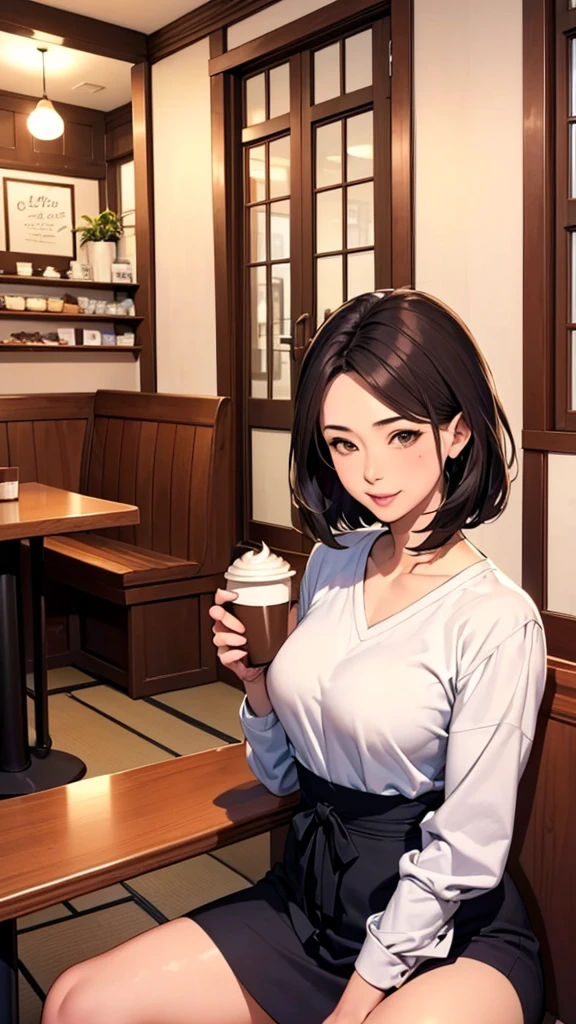 (Masterpiece:1.21),(FHD),(16K),(Top Quality:1.24),(Super Resolution),(Superb Illustration),(Best Shadow),(High Quality),(Super Detail:1.15),(Super Detail), Superb Detail, Elaborate,1 Woman, Japanese Woman,(Housewife:1.5),(40 Years Old:1.68),(Attractive Mature Woman:1.66),(Middle Age:1.78),(Small Round Face:1,69),(small breasts:1.5),((graduated haircut)),Casual, simple blouse,V-neckline,knee-length skirt, blouse in bright colors,pastel shades,(((old cafe interior,coffee shop,in room))),(laugh:1.21),,(love:1.9),