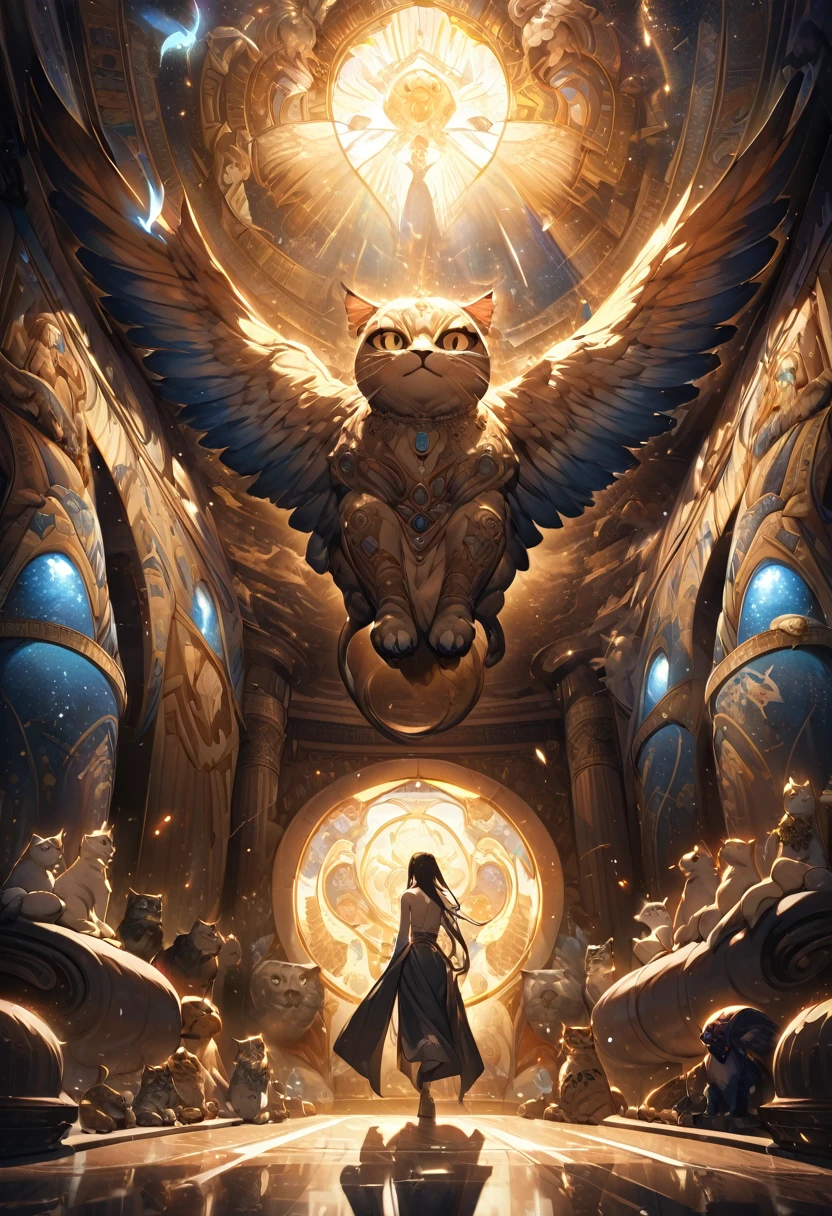 Highest quality, Highest quality, 16K, Unbelievably absurd, Very detailed, delicate and dynamic, Natural light, The particles reflect light, Diffuse reflection of light, Vortex of Light, magical, spooky, Egyptian murals, Sphinx, god of cats
