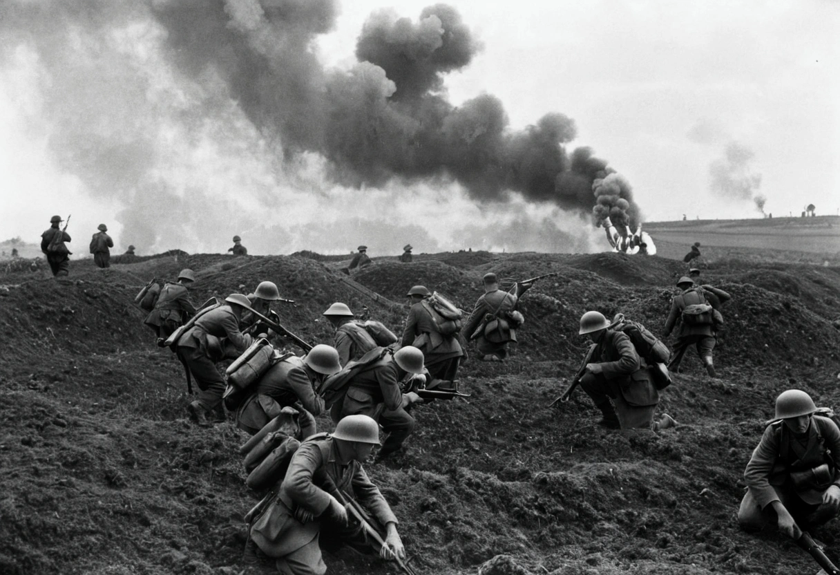 Soldiers standing in a field,Smoke in the background, World War I照片, World War I照片, 用World War II相机拍摄, war photos, World War II, Battlefield scene, Battlefield Background, 对抗 World War I, World War II摄影, World War II摄影, Soldiers come under heavy fire, war photosgraph, On the war zone, war photosgraphy, World War I