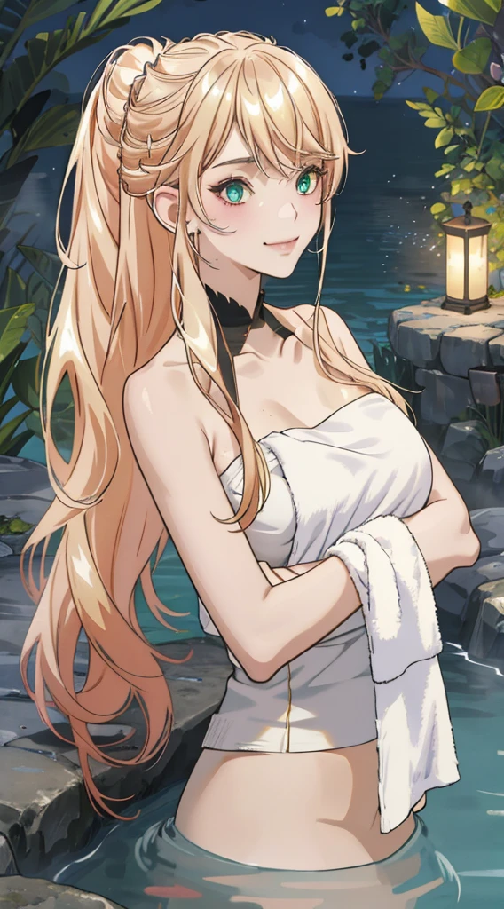 best quality, ((masterpiece)), highly detailed, partially submerged, night sky, water, steam, cleavage,
1girl, Lexia Von Alceria,
looking at the viewer, smile, closed mouth, big breasts, upper body,
green eyes, blonde hair, long hair, short ponytail, swept bangs, (towel:1.3)