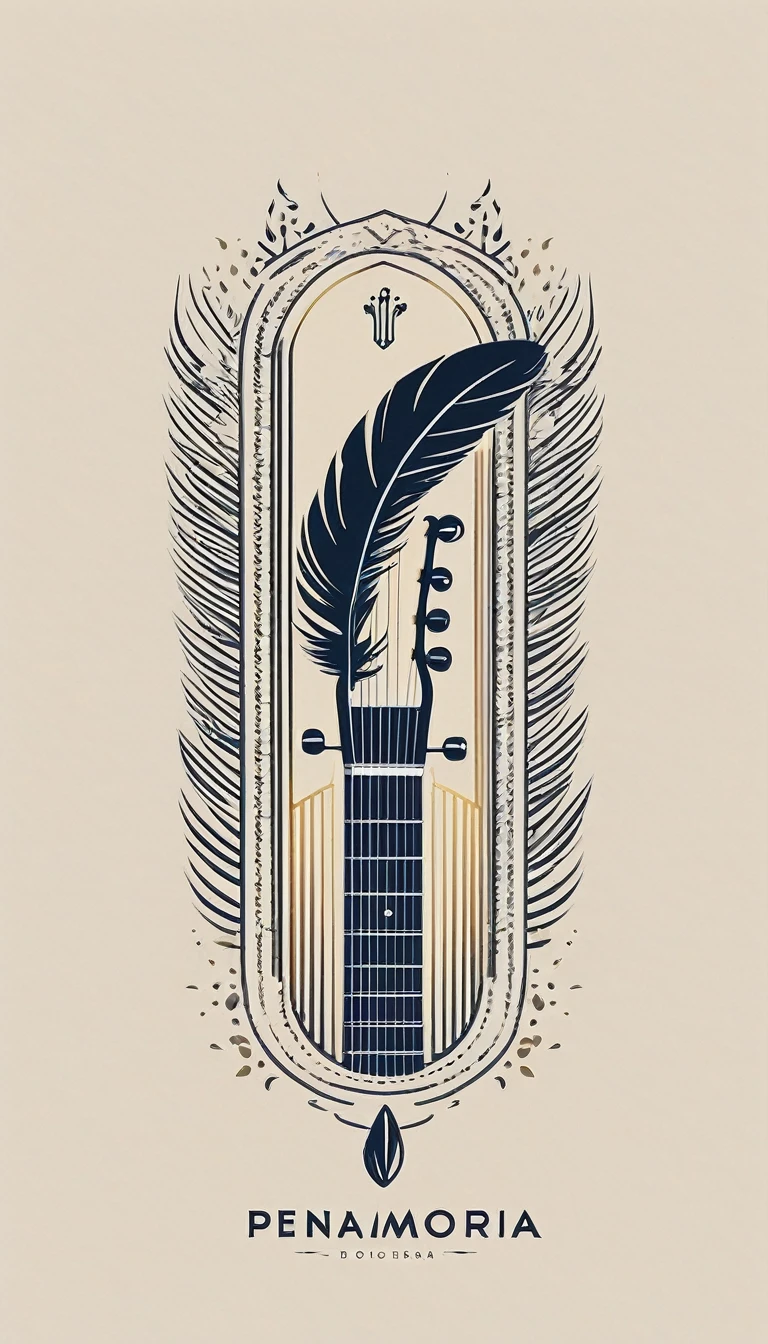 A minimal, high quality, modern, simple, cinematic symbol design for the brand “Penamemoria". The logotype must be a simple, magical feather and a boy playing acoustic guitar. The logo must convey a sense of music, stories and dreams. Logo design impressed on a book cover. Minimalistic logo