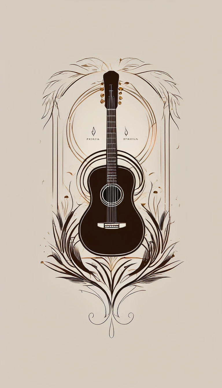 A minimal, high quality, modern, simple, cinematic symbol design for the brand “Penamemoria". The logotype must be a simple, magical feather and a boy playing acoustic guitar. The logo must convey a sense of music, stories and dreams. Logo design impressed on a book cover. Minimalistic logo