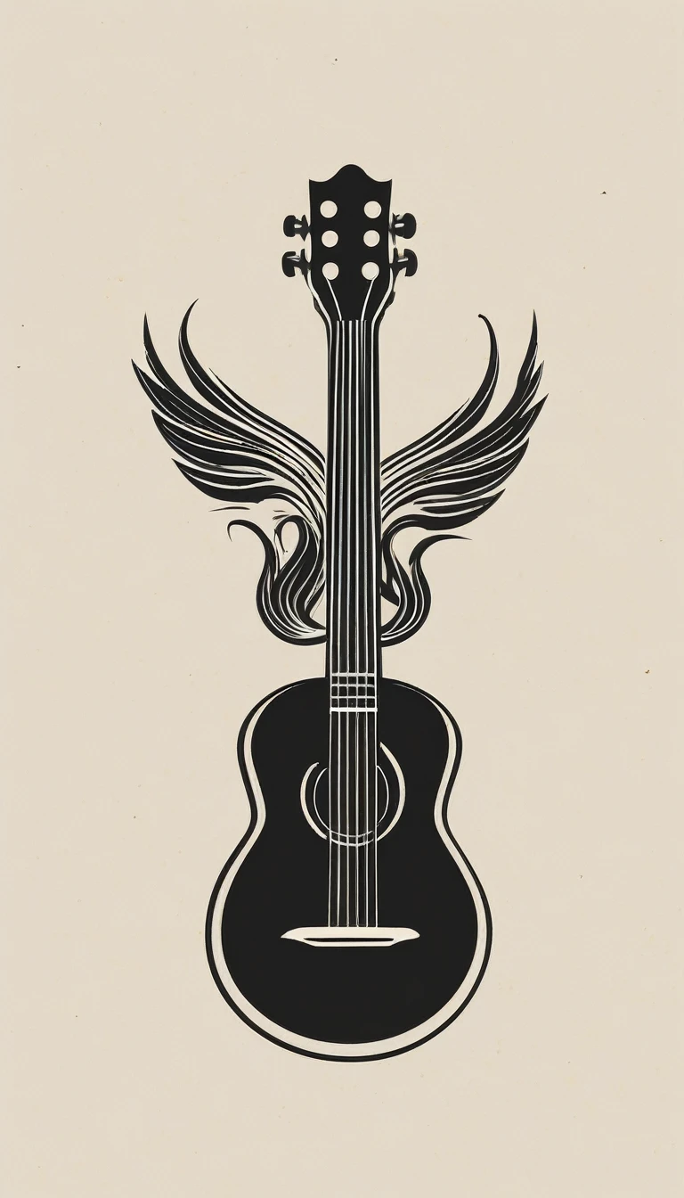 A minimal, high quality, modern, simple, cinematic symbol design for the brand “Penamemoria". The logotype must be a simple, magical feather and a boy playing acoustic guitar. The logo must convey a sense of music, stories and dreams. Logo design impressed on a book cover. Minimalistic logo