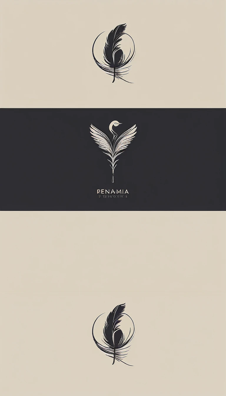 A minimal, high quality, modern, simple, cinematic symbol design for the brand “Penamemoria". The logotype must be a simple, magical feather and a boy playing acoustic guitar. The logo must convey a sense of music, stories and dreams. Logo design impressed on a book cover. Minimalistic logo