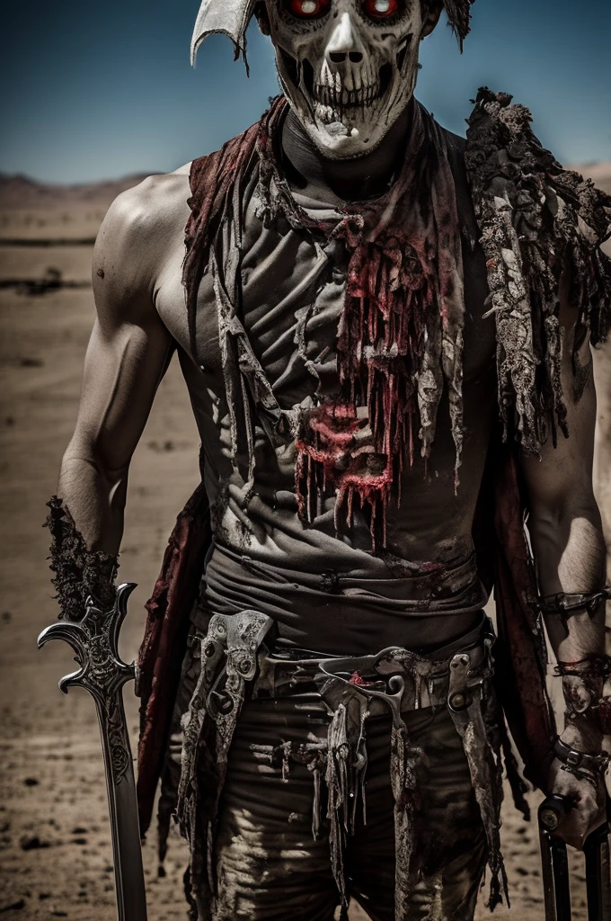 (best quality, masterpiece), ghoul, shirtless, pants, sword arms, red eyes, vicious, ragged, dyslexic, zombie, desert background