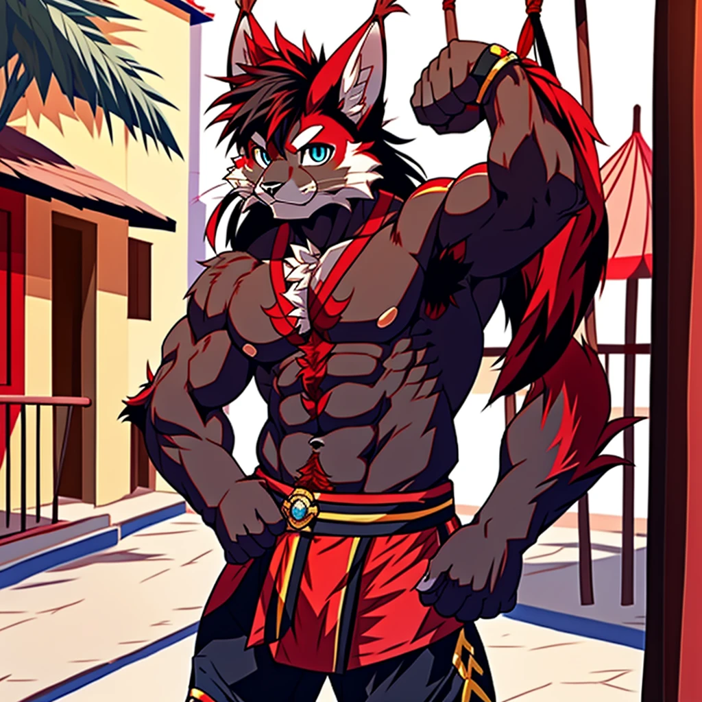 Best quality, Young, 15 year old, Furry, Solo, Male black lynx cat: 1.5, (black fur), (black fur), black fur, blue eyes, red chest hair, black long hair, black mane, red hair, red armpit hair, red whiskers, Humanoid hands, Muscular body, Strong Abs, Strong Chest, Strong Biceps, Wearing Red Muay Thai Style Clothes, Topless, Standing in the street of Thailand, Red Mohawk hair, Detailed black fur, Detailed cloths, Thailand.