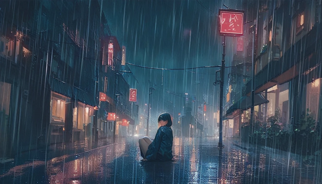 score_9, score_8_up, score_7_up,score_6_up, score_5_up,1girl, looking at the viewer, raining, night, street, sitting,