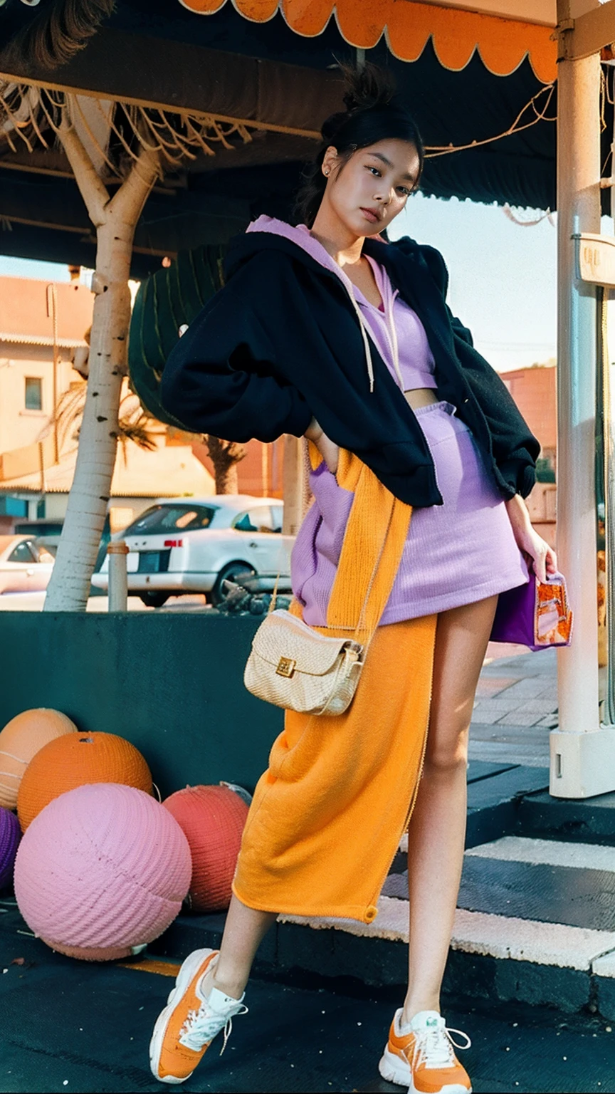 (medium cinematic shot portrait), of cute 23 yo girl (perfect plump body) ,wear ((orange color oversized_hoodie)), wear ((purple tennis skirt)),looking front,Best Quality,Masterpiece,Ultra High Resolution,(Realisticity:1.4),Original Photo, 1Girl, light leak,ultra high resolution,UHD,beautiful, (black bob hair), almond eye, no makeup, looking at camera,in front of ((80's colorful gas station)), (realistic:1.2), (surreal:1.3), (very detailed:1.1), ((masterpiece)),summer, blue sky, palm trees,sunny, los angles vibes,film camera, 800mm lens,style of Philip Lorca diCorcia