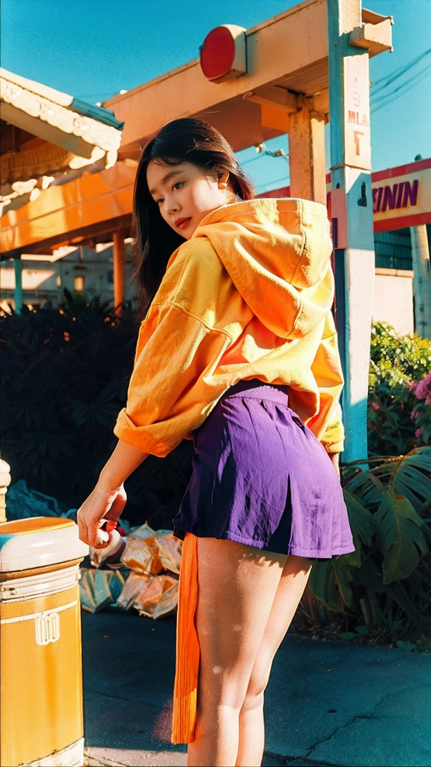 (medium cinematic shot portrait), of cute 23 yo girl (perfect plump body) ,wear ((orange color oversized_hoodie)), wear ((purple tennis skirt)),looking front,Best Quality,Masterpiece,Ultra High Resolution,(Realisticity:1.4),Original Photo, 1Girl, light leak,ultra high resolution,UHD,beautiful, (black bob hair), almond eye, no makeup, looking at camera,in front of ((80's colorful gas station)), (realistic:1.2), (surreal:1.3), (very detailed:1.1), ((masterpiece)),summer, blue sky, palm trees,sunny, los angles vibes,film camera, 800mm lens,style of Philip Lorca diCorcia