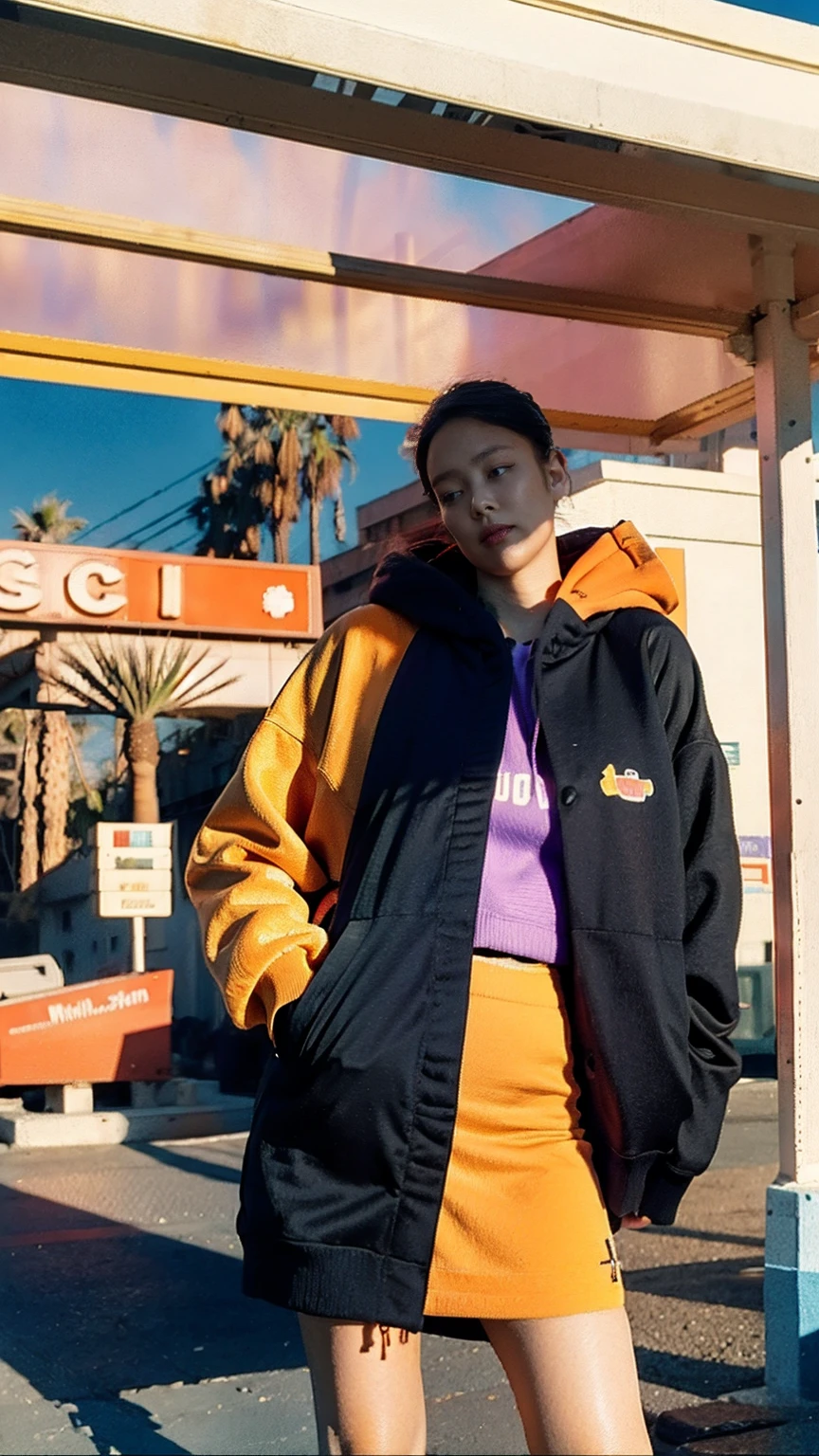 (medium cinematic shot portrait), of cute 23 yo girl (perfect plump body) ,wear ((orange color oversized_hoodie)), wear ((purple tennis skirt)),looking front,Best Quality,Masterpiece,Ultra High Resolution,(Realisticity:1.4),Original Photo, 1Girl, light leak,ultra high resolution,UHD,beautiful, (black bob hair), almond eye, no makeup, looking at camera,in front of ((80's colorful gas station)), (realistic:1.2), (surreal:1.3), (very detailed:1.1), ((masterpiece)),summer, blue sky, palm trees,sunny, los angles vibes,film camera, 800mm lens,style of Philip Lorca diCorcia