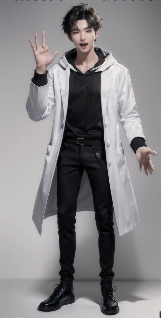 (OK Sign.:1.7),(photorealistic:1.2), (high detail face:1.3), (high detail hands:1.3), (anatomically correct hands:1.2), handsome young asian man, Japanese idol style, short clean-cut hair, ((center part)), (crisp white lab coat:1.3), ((black hoodie underneath:1.2)), (black pants:1.2), (black shoes:1.2), (enthusiastic expression:1.3), ((explain pose:1.4)), (both arms raised:1.3), (clenched fists:1.3), (energetic stance:1.2), plain white background, mid-shot portrait, full body view, high quality, detailed, 8K, (realistic skin texture:1.2), (sharp focus:1.1), (contrast between white coat and black clothing:1.2)