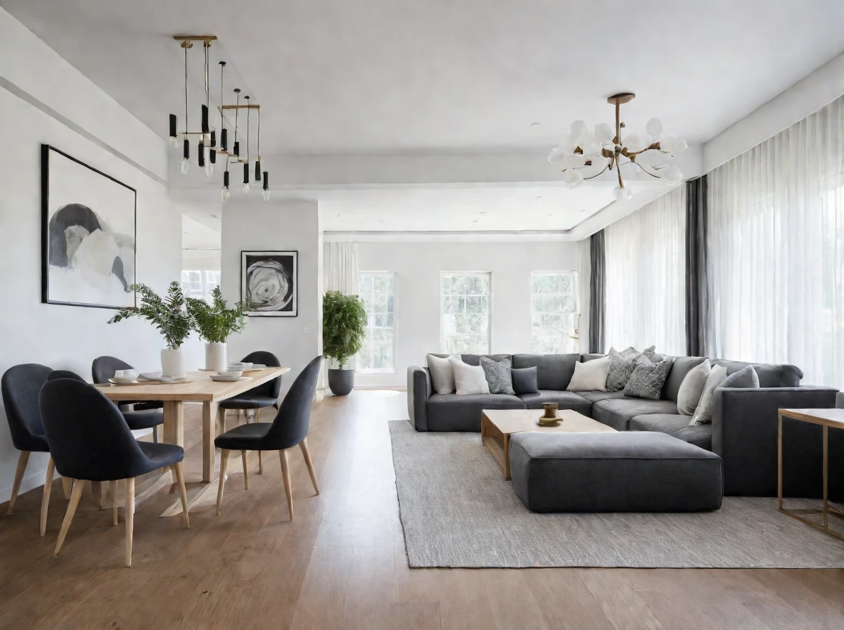 Modern Minimalist,
A Clean lines, functionality, and a focus on negative space define this style, Natural light and uncluttered surfaces create a sense of calm and serenity,
A Neutral palette of white, gray, and black is the foundation, Pops of color can be introduced with artwork, furniture accents, or throw pillows., Consider incorporating natural elements like wood or stone for warmth and texture,