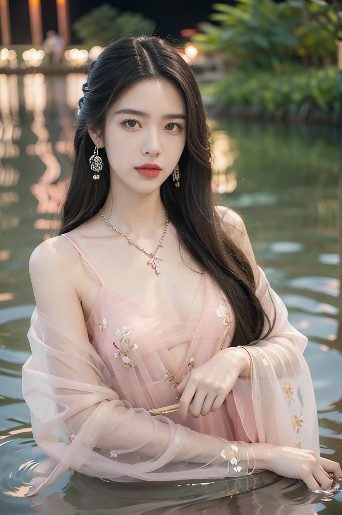 (((best quality))),(((ultra detailed))),(((masterpiece))),illustration,((1 beautiful young girl,solo)),((slim,thin)),(shoulder length straight hair:1.2),((earrings,necklace)),((small breasts,flat chest)),(see through traditional pink sheer Hanfu dress:1.3), lotus pond, serene moonlight, ethereal,floral pattern, water movement, billowing fabric, tranquil, moon reflection, petals, fireflies, magical, light,warm light, dreams, invitation, standing, gazing, reflection, inner thoughts, emotional, sweet scent, natural beauty, solitude, hypnotic lull, eternal summer night, natural world, human spirit, celebration, backdrop, water, glow,((from front,upper body))