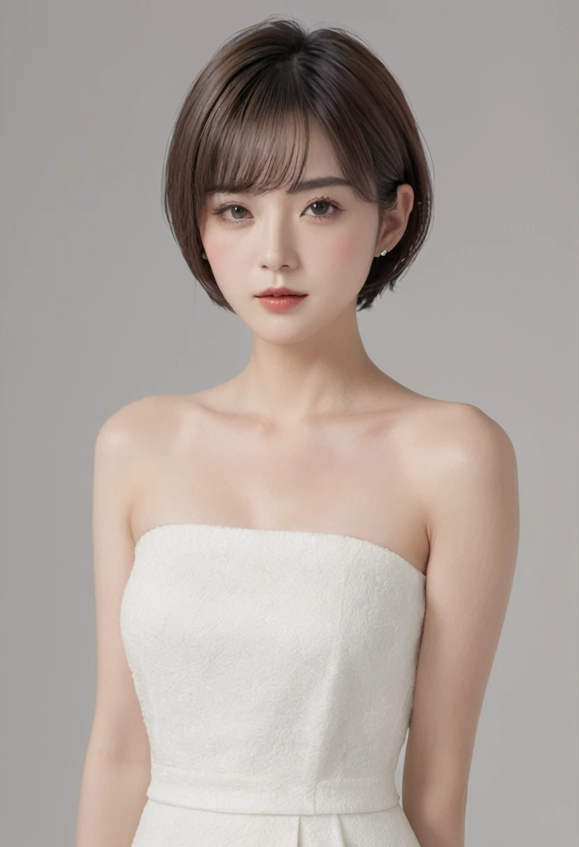 ((best quality, 8k, masterpiece: 1.3)), Concentrate upon: 1.2, perfect body beauty: 1.4, hip: 1.2, ((Layered short hair, white male: 1.2)), (white background:1.3), bandeau dress: 1.1, Highly detailed face and skin texture, good eyes, double eyelid, White skin, medium hair, (shut up: 1.3), upper body