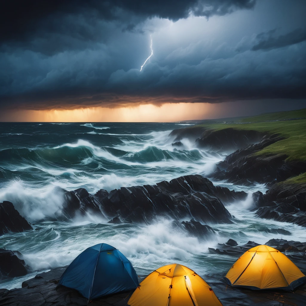 Create a dramatic stormy sea scene with tents included. The image should depict a tumultuous ocean with massive, crashing waves and high, dark storm clouds. Add a rugged, windswept beach where several tents are pitched, struggling against the fierce storm. The tents should appear battered by the wind and rain, with their fabric flapping and partially torn. Incorporate flashes of lightning illuminating the stormy sky and the churning water. Use deep, moody colors like dark blues, grays, and blacks, with bright flashes of white for the lightning and waves. The overall atmosphere should convey the raw, powerful energy of a fierce storm and the struggle of the tents against nature."