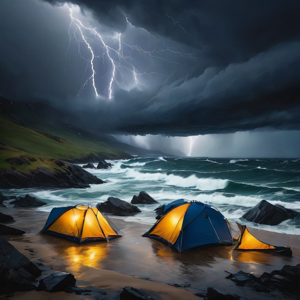 Create a dramatic stormy sea scene with tents included. The image should depict a tumultuous ocean with massive, crashing waves and high, dark storm clouds. Add a rugged, windswept beach where several tents are pitched, struggling against the fierce storm. The tents should appear battered by the wind and rain, with their fabric flapping and partially torn. Incorporate flashes of lightning illuminating the stormy sky and the churning water. Use deep, moody colors like dark blues, grays, and blacks, with bright flashes of white for the lightning and waves. The overall atmosphere should convey the raw, powerful energy of a fierce storm and the struggle of the tents against nature."